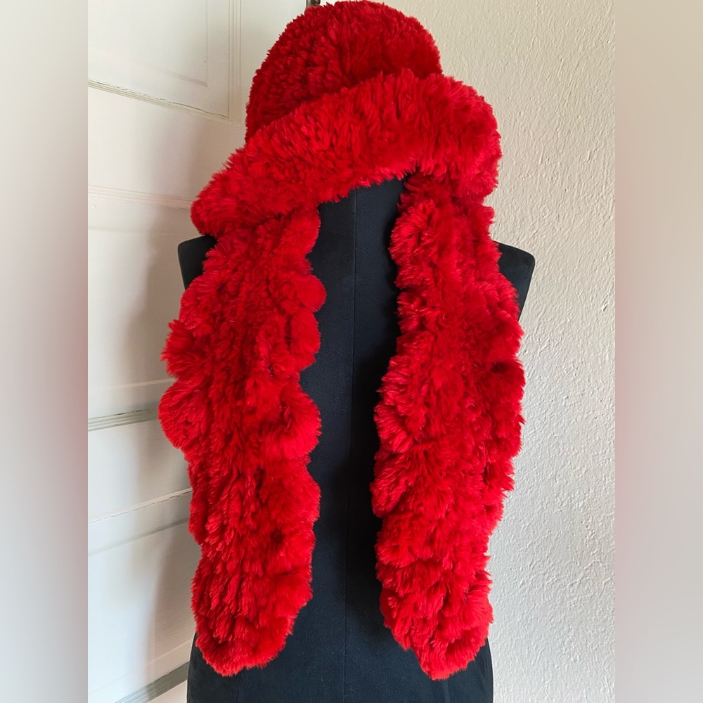 Red Knitted Sheared Beaver Scarf and Bucket Hat